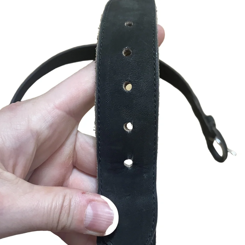 Vintage Black Leather Boho‎ Belt Diamond Cutout Woven Textile Inlay Size 38 42in